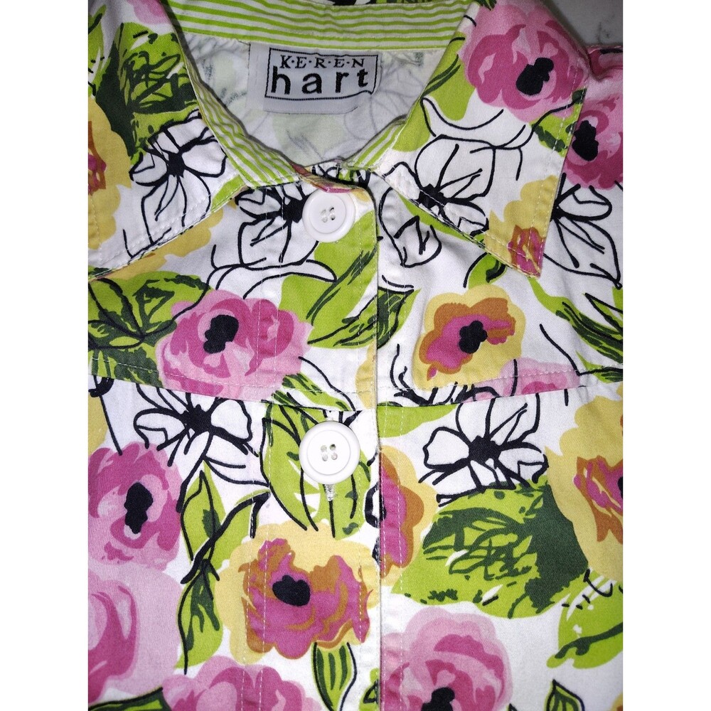Keren Hart Floral Shacket Shirt Jacket Pockets Size L (Est) Pink Green Stripe - Picture 11 of 13